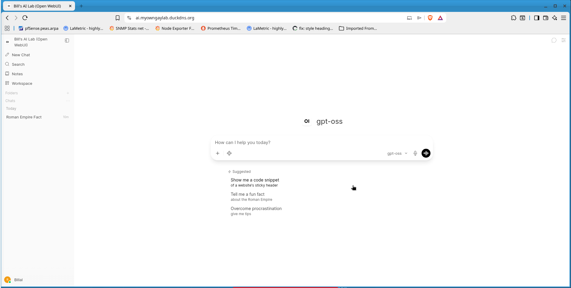 Open WebUI mid-chat, with the gateway&rsquo;s models in the picker.