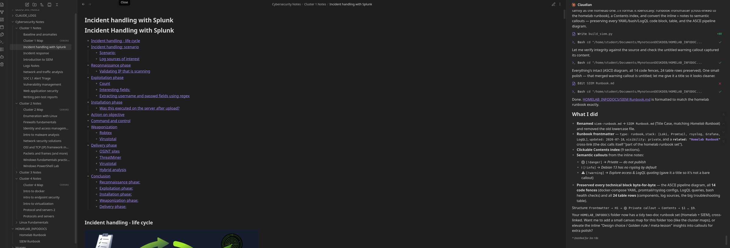 Obsidian with the Claudian sidebar open — Claude reformatting a SIEM runbook with tool calls visible