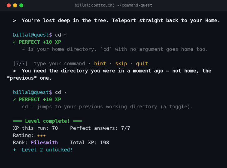 Finishing a level — XP, stars, rank, and the next level unlocking