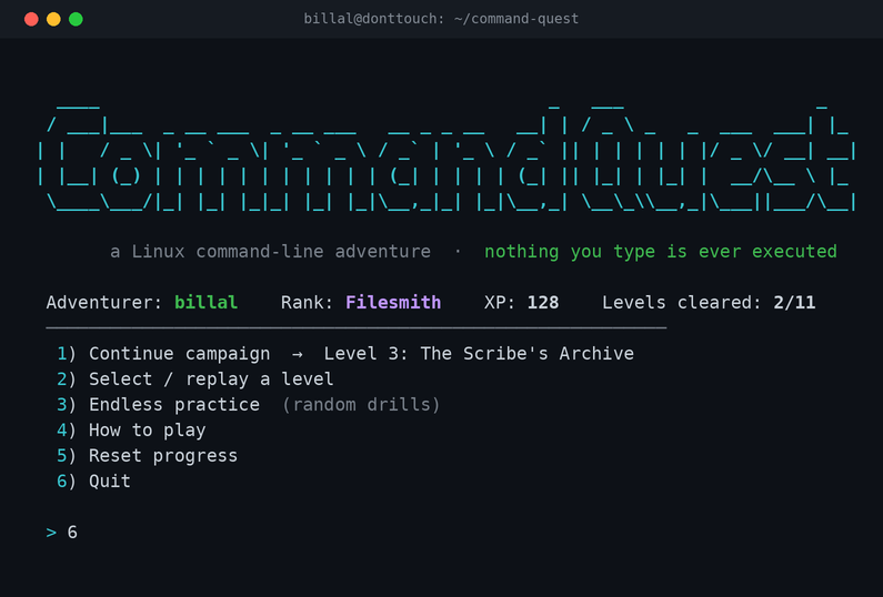 Command Quest main menu — an ASCII logo and a colourful terminal game menu