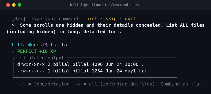 A Command Quest exercise — a scenario, my answer, and simulated output