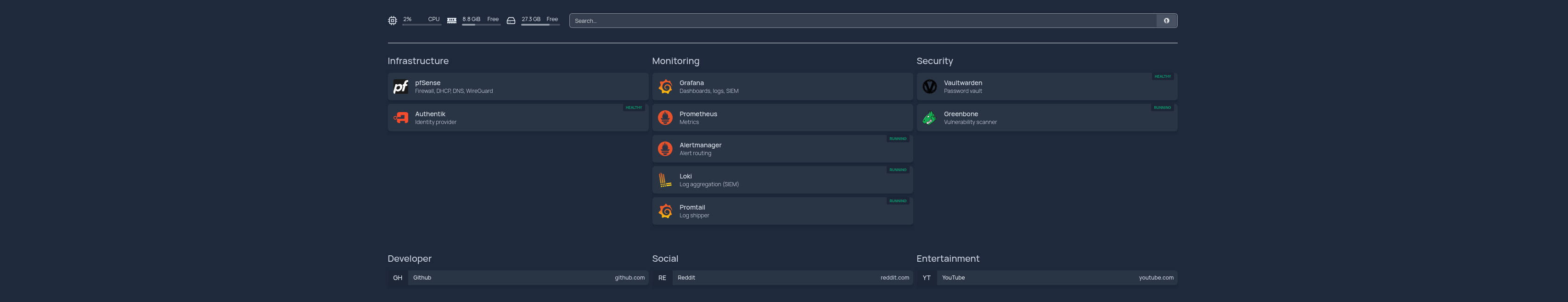 Homepage dashboard showing Infrastructure, Monitoring and Security service groups with live status dots