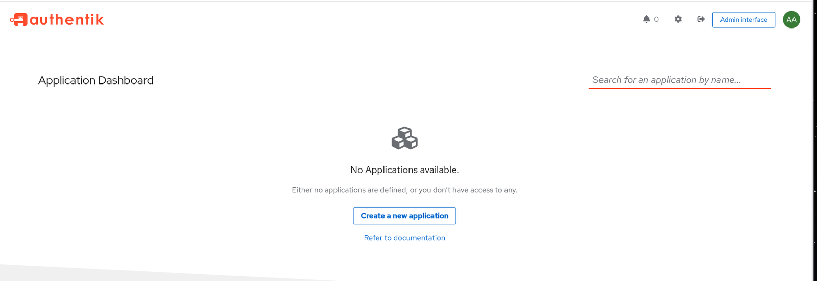 The Authentik application dashboard — the IdP running behind the reverse proxy with a trusted certificate