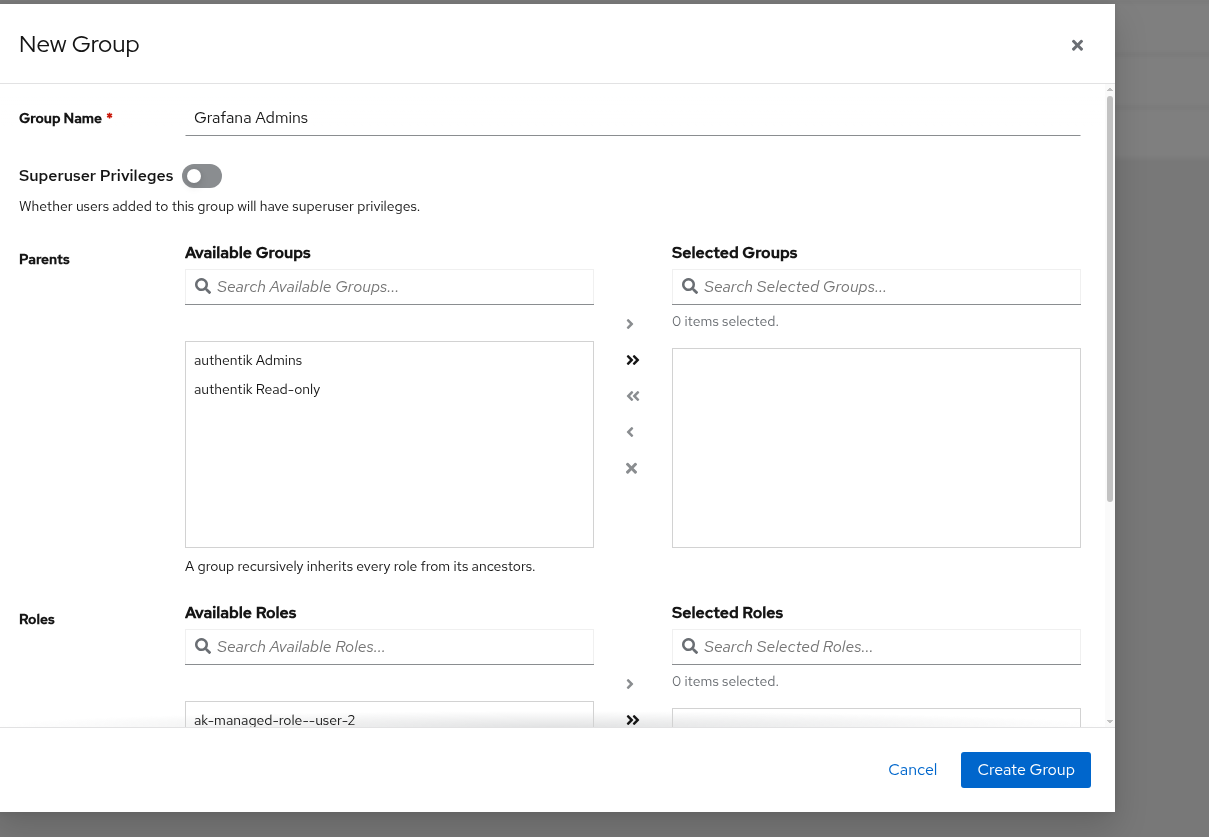 Creating the Grafana Admins group — no superuser privileges needed