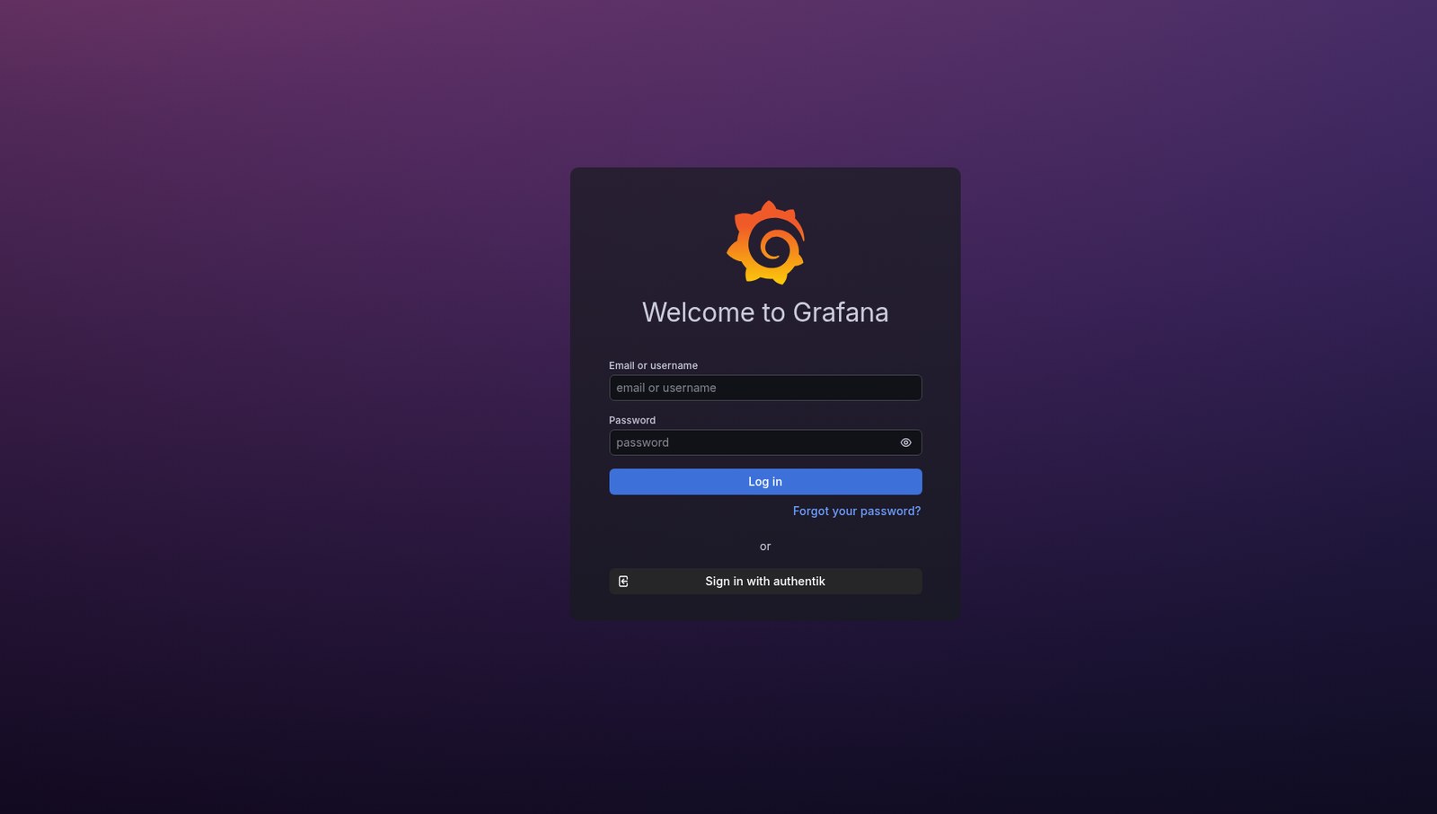 Grafana's login page with a Sign in with authentik button