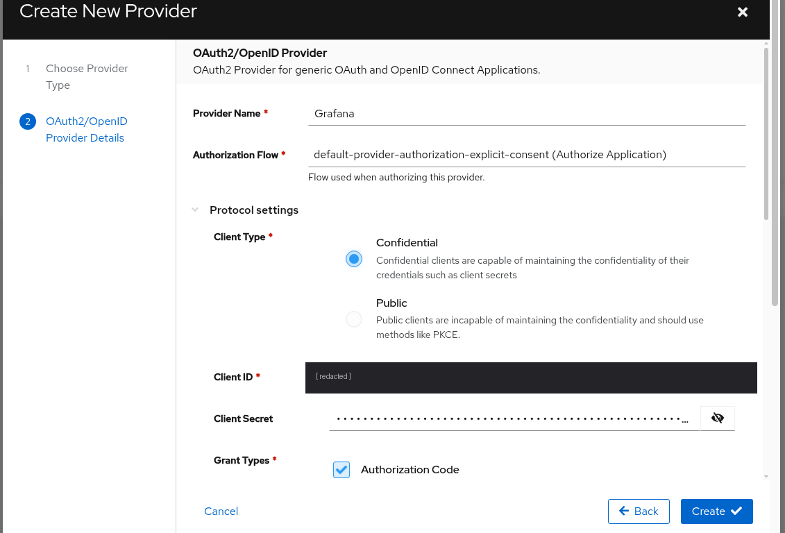 Creating the OAuth2/OpenID provider — confidential client, authorization code grant