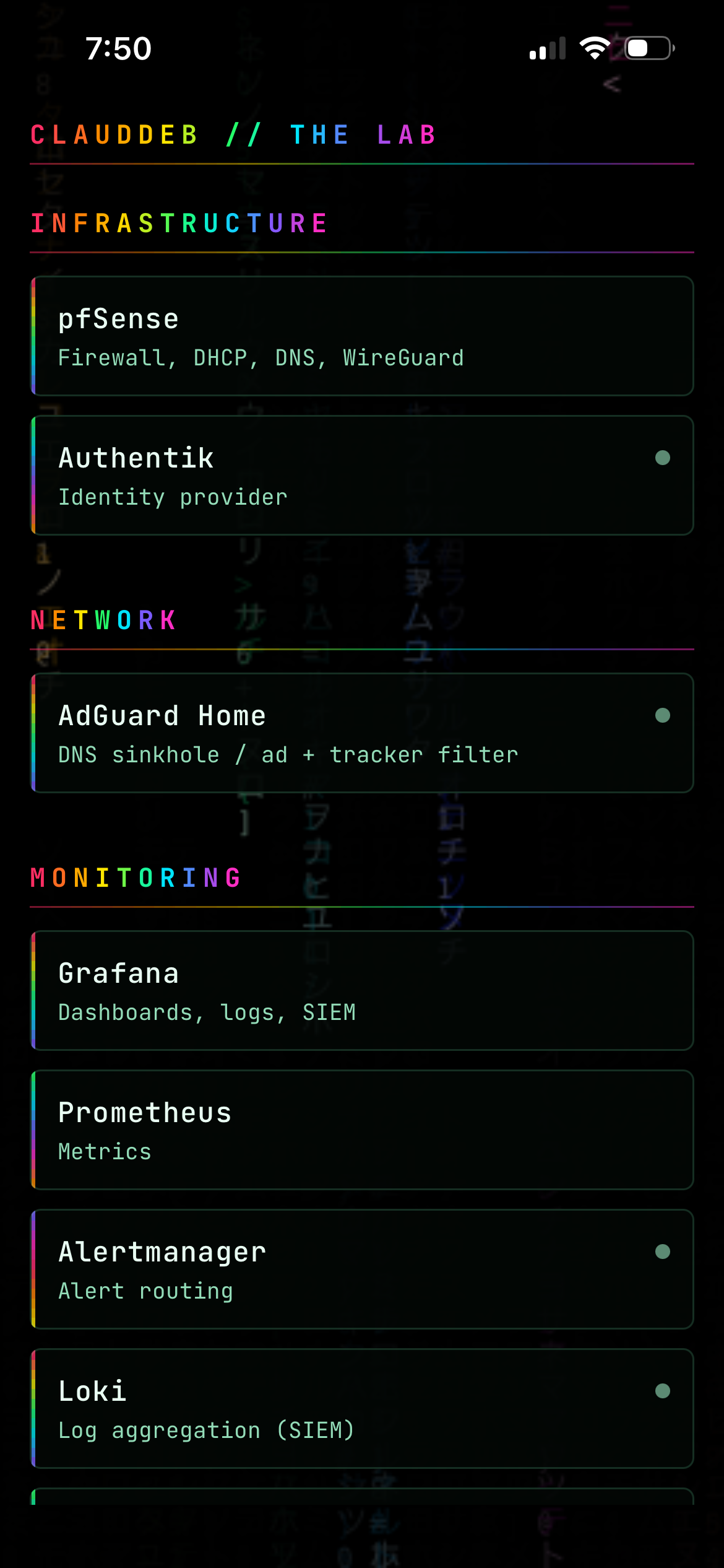 The LABDECK app on an iPhone, showing home lab service groups over an animated matrix rain background