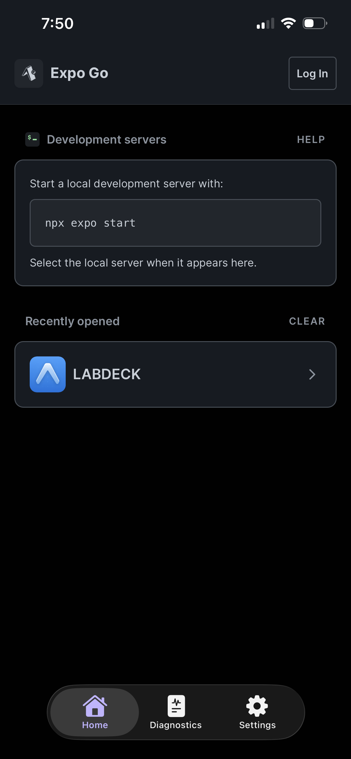 The Expo Go home screen with LABDECK listed under Recently opened