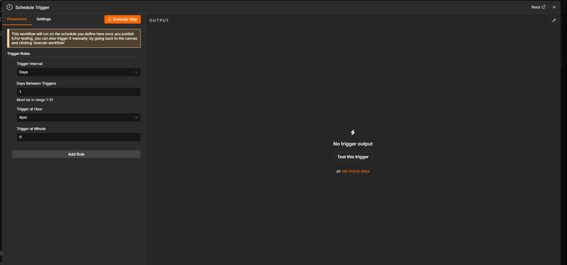 Schedule Trigger configured for daily 9pm