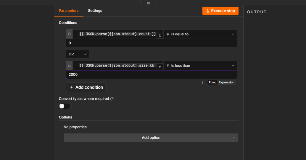 The IF node with both conditions and the OR combinator
