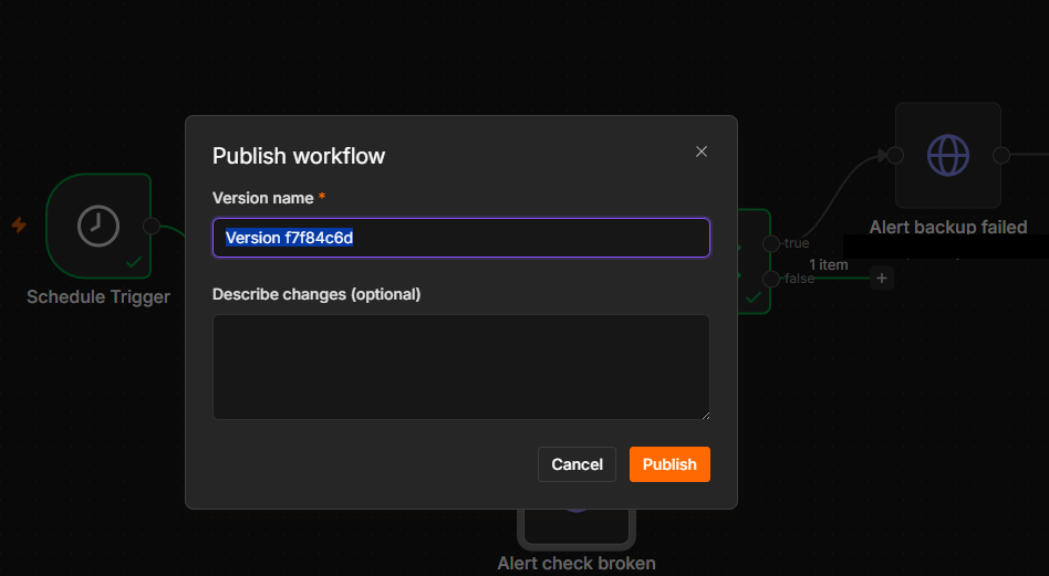 The workflow publish dialog with version name and description