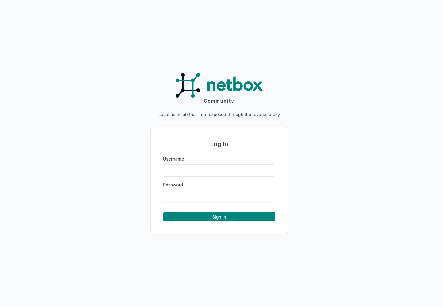 The NetBox community login screen, captioned &ldquo;Local homelab trial - not exposed through the reverse proxy&rdquo;