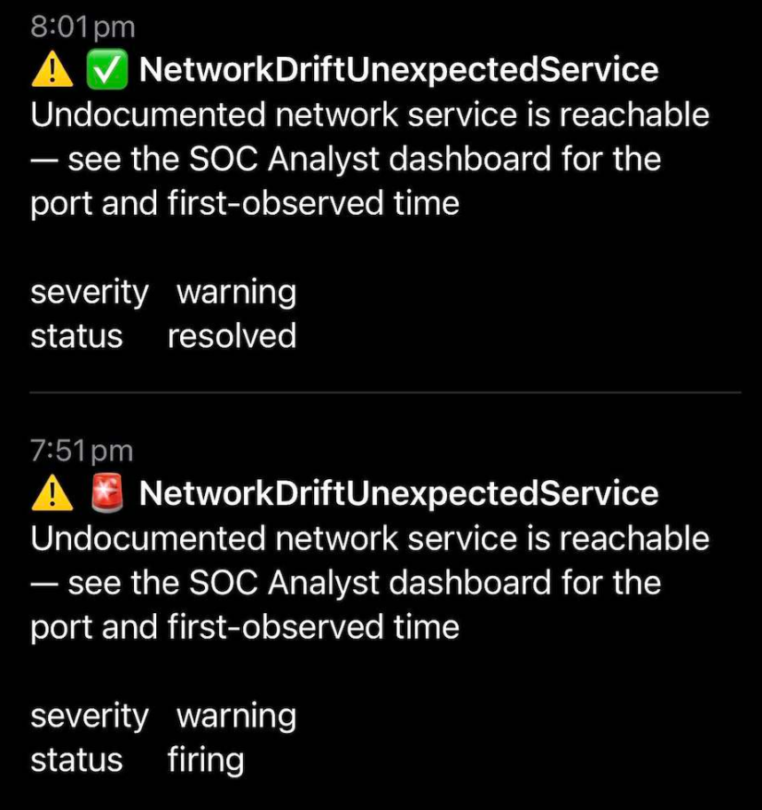 Two ntfy notifications on a phone: NetworkDriftUnexpectedService firing at 7:51pm and resolved at 8:01pm