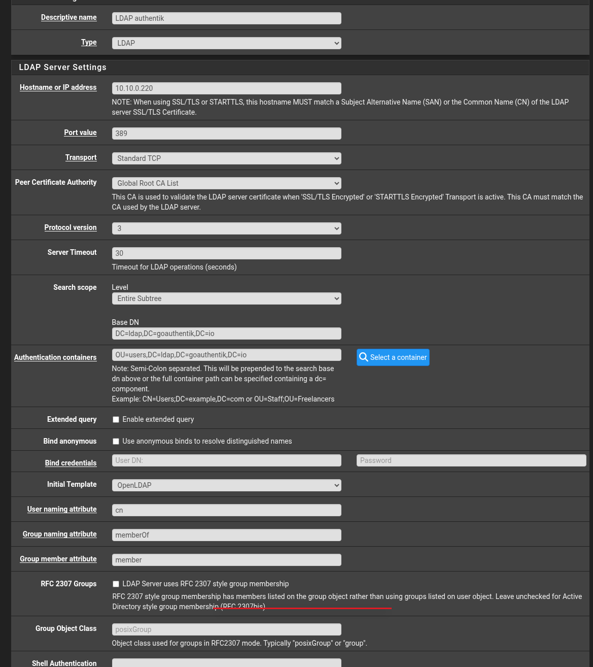pfSense&rsquo;s LDAP authentication server configuration