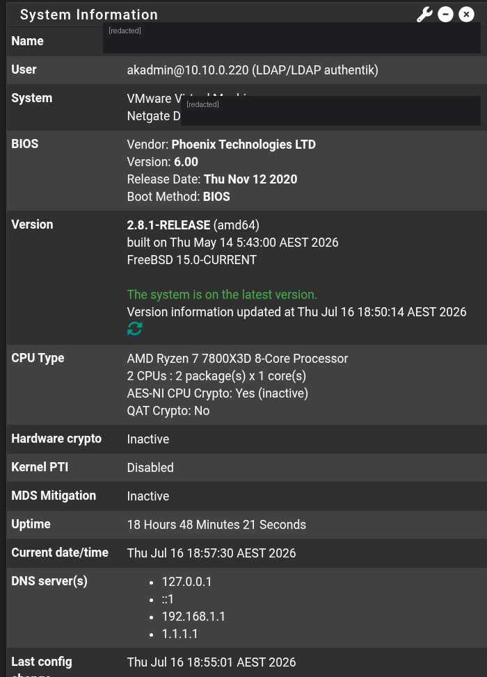 Logged into pfSense as an identity provider account over LDAP