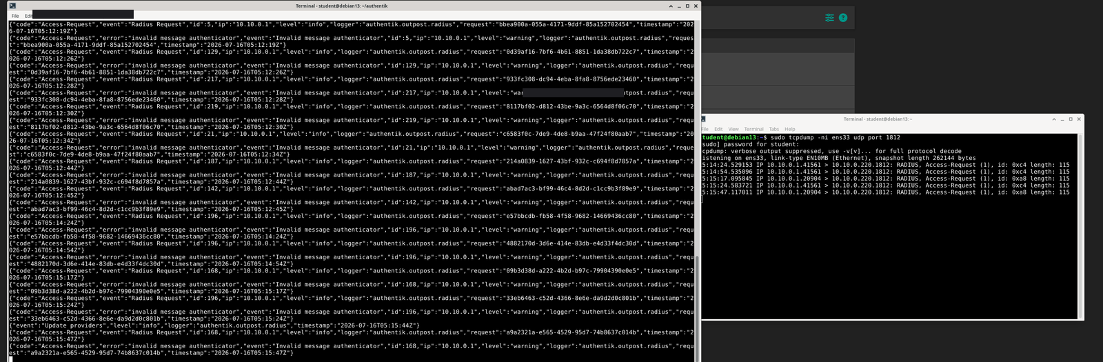 Outpost logs rejecting every request, with tcpdump confirming the packets arrive