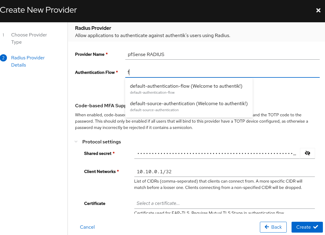 Creating the RADIUS provider in Authentik — authentication flow, client networks, code-based MFA