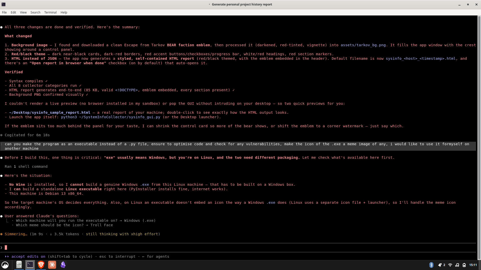 Claude’s session summary after the theme, HTML and hardening rounds