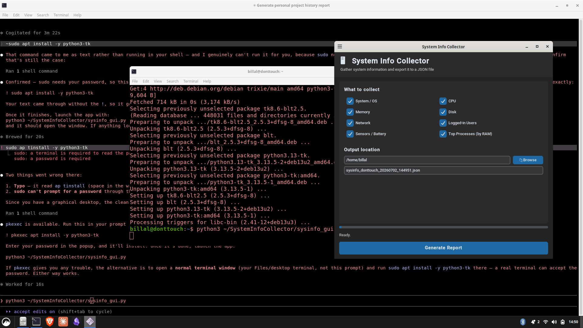First version running on Debian — default dark theme, before the re-skin