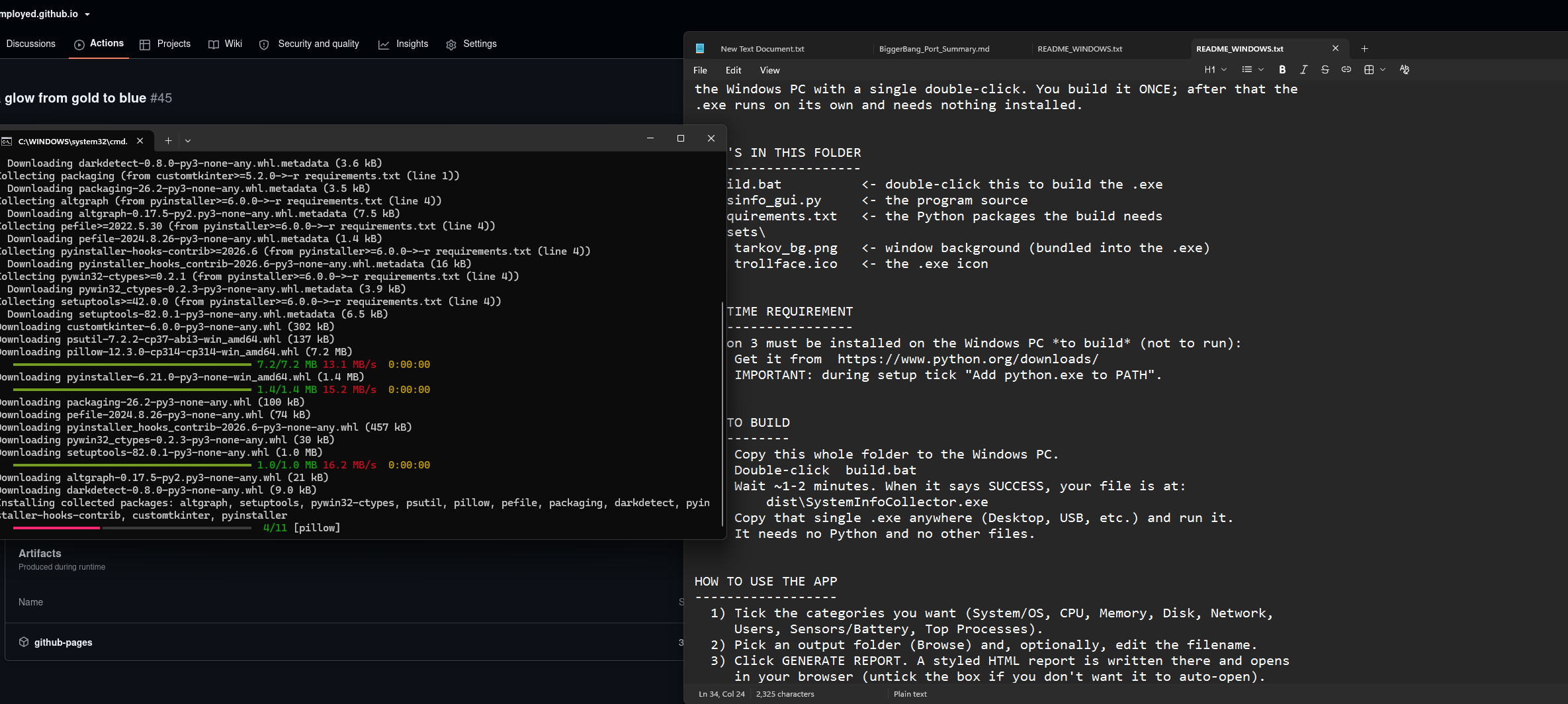 Building the kit on the Windows side — pip pulling dependencies