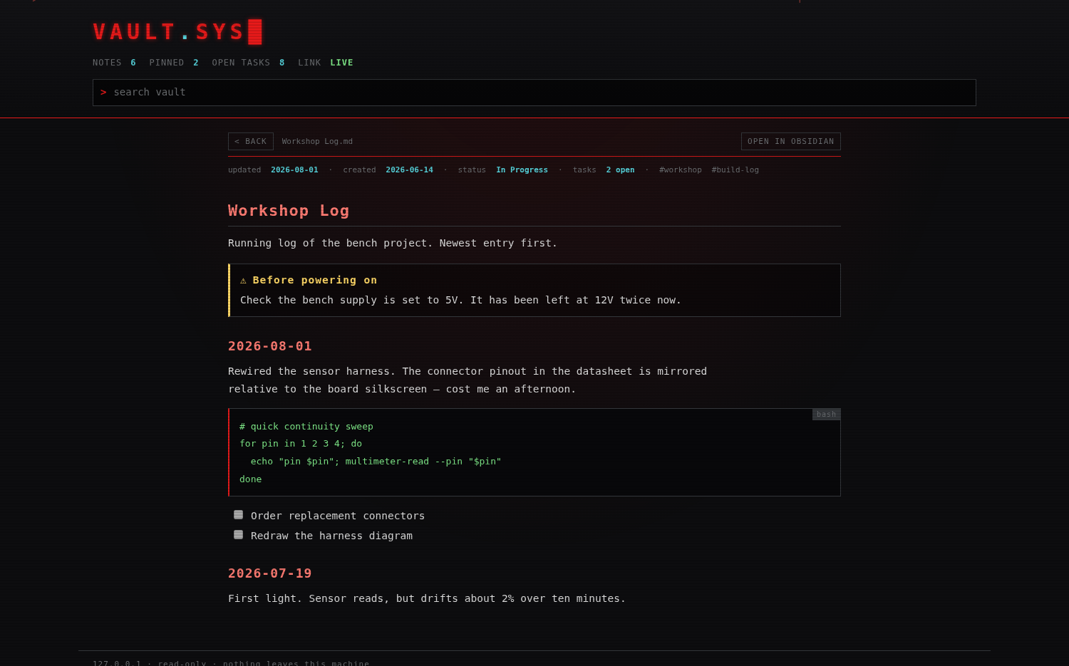 A note open in the reader: callout, bash code block, disabled task checkboxes, and an &ldquo;open in Obsidian&rdquo; button