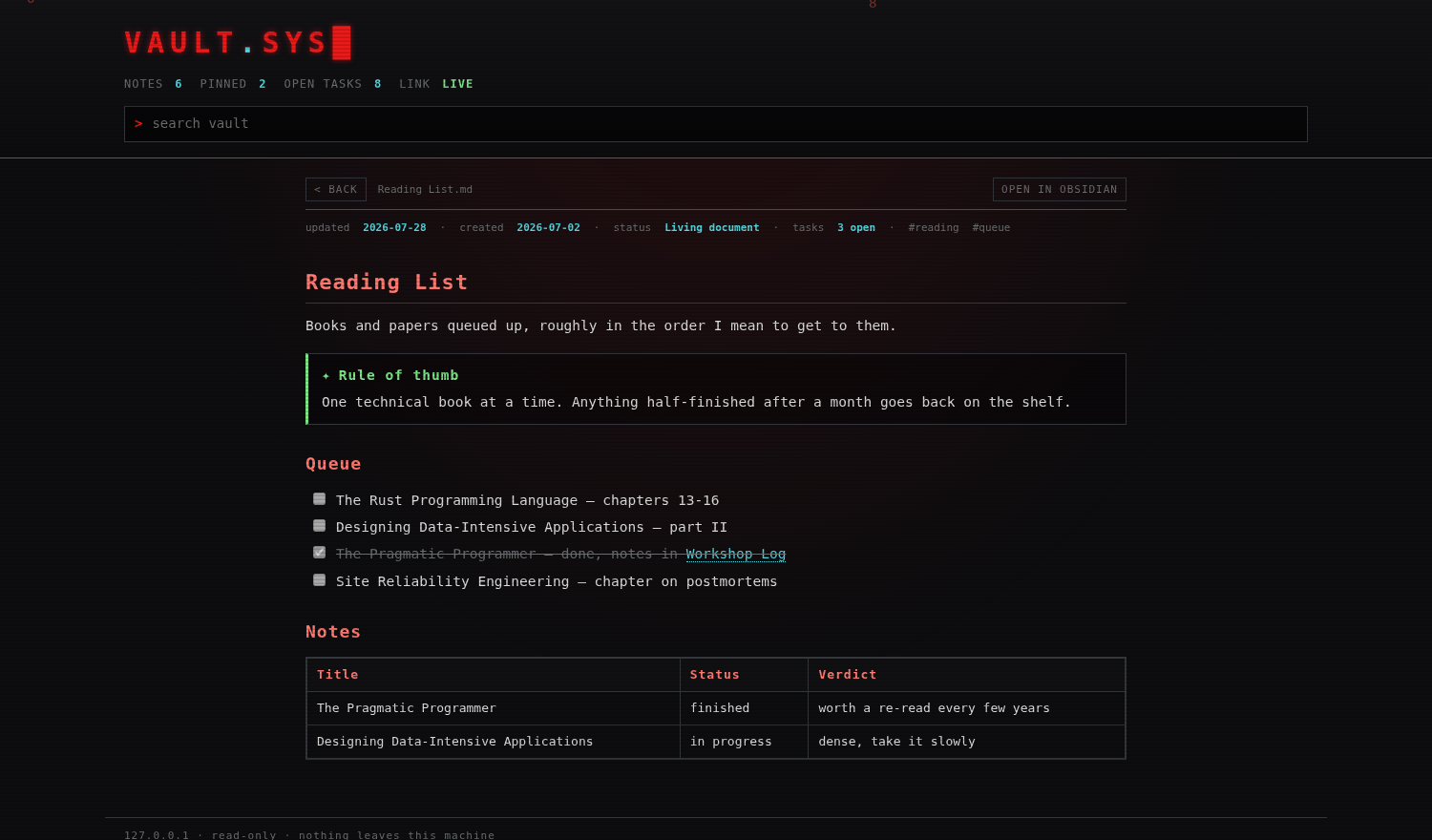 The reader showing a markdown table, a resolved wikilink, and a completed task struck through