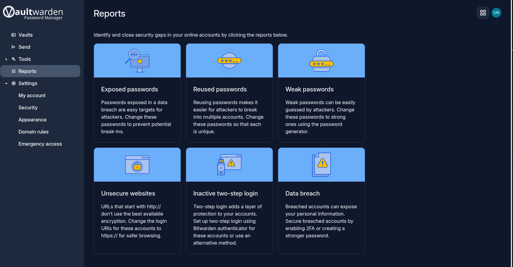 The self-hosted Vaultwarden vault, logged in and showing its security reports