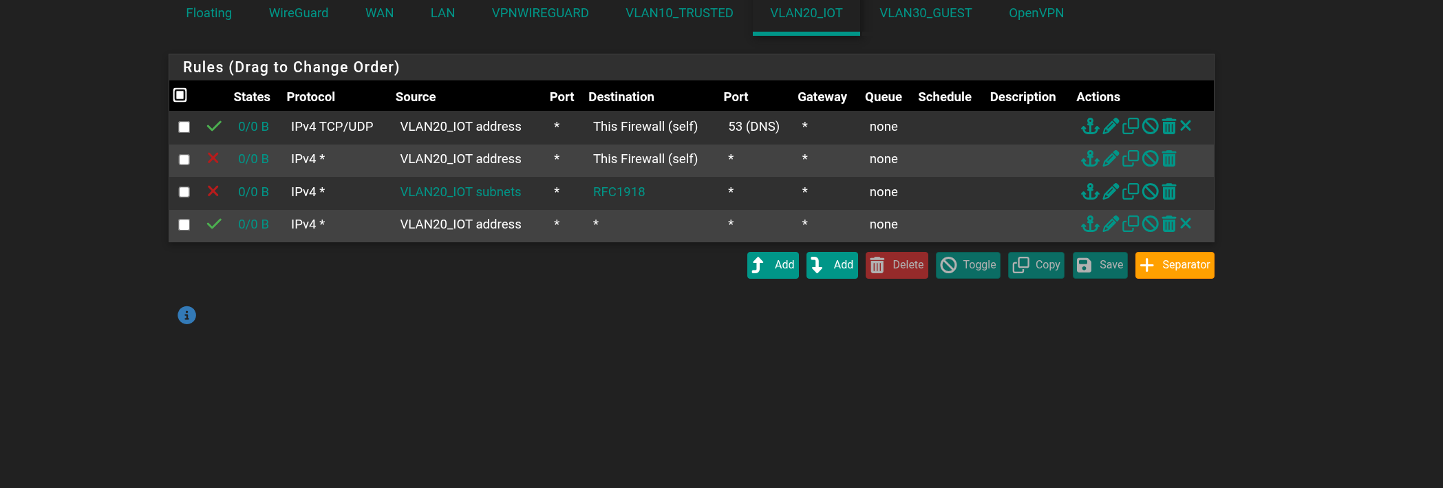 DNS allowed, admin blocked, all private space blocked, internet permitted — in that order.