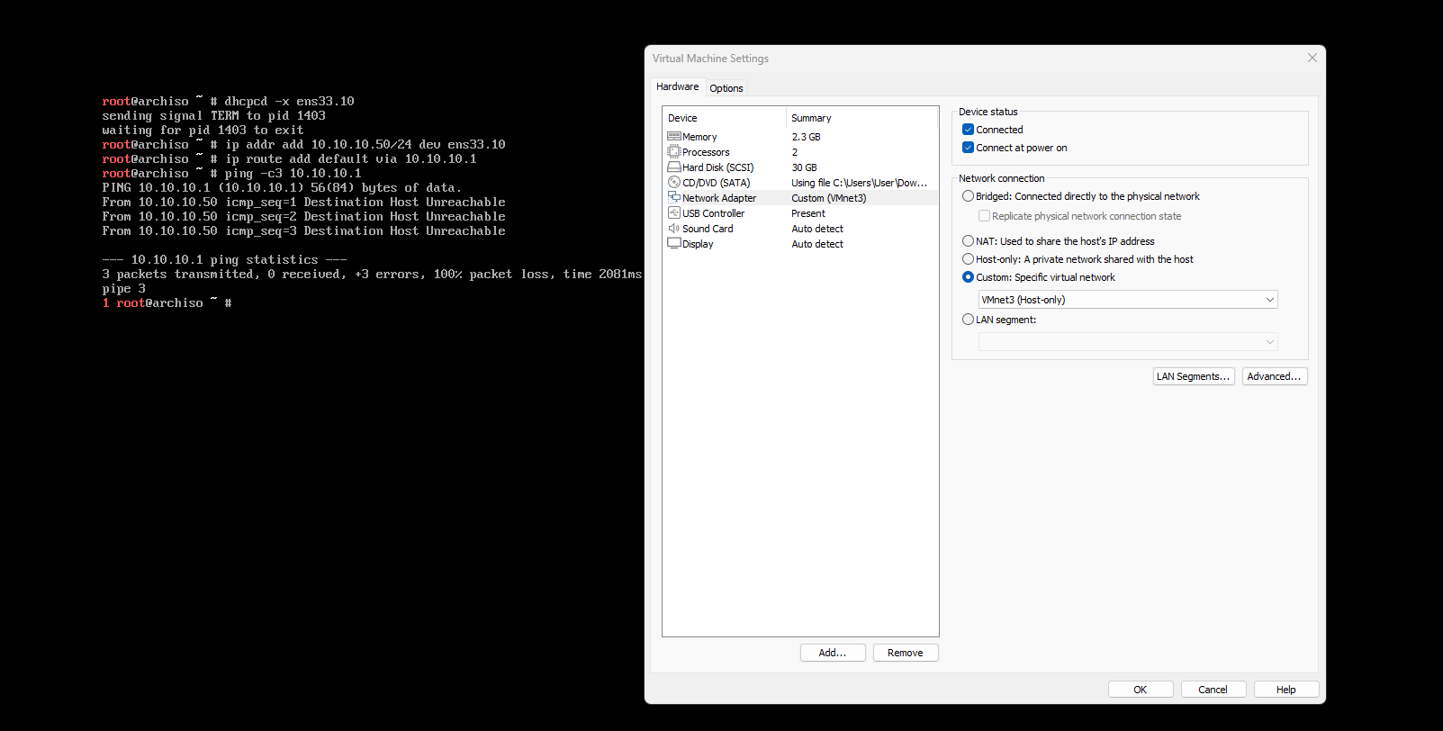 100% packet loss across the virtual network, despite both VMs being attached to the correct host-only segment.