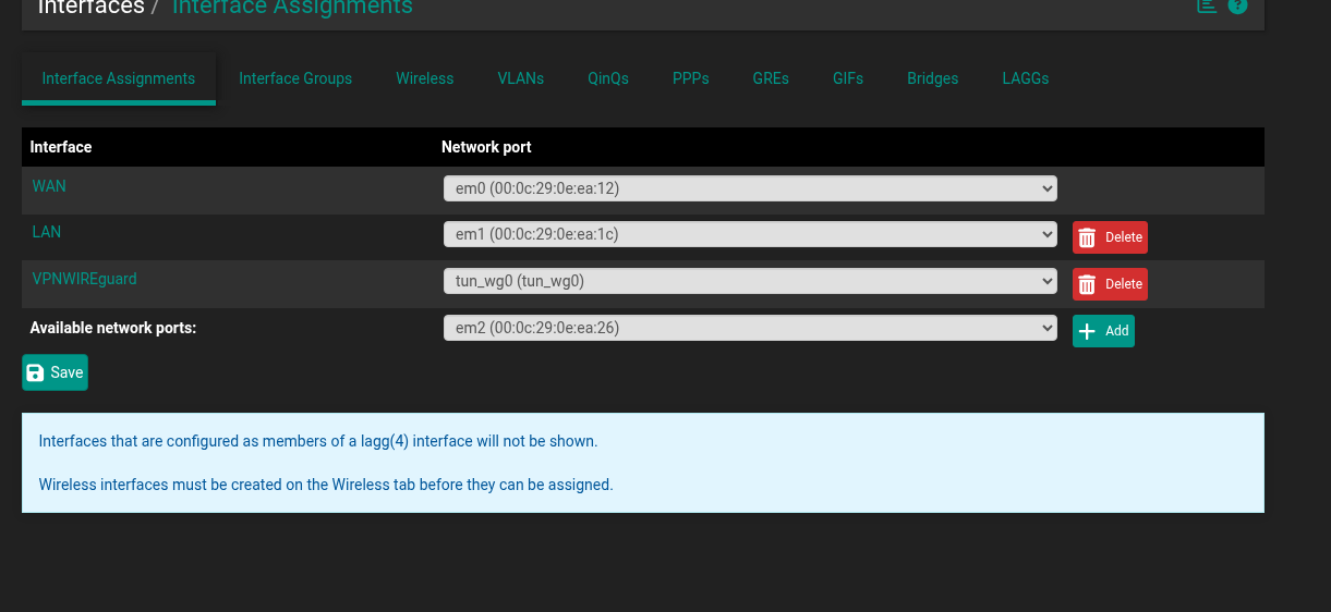 The new trunk NIC appears as an available port, ready to carry all three tagged VLANs. Existing interfaces are left in place.